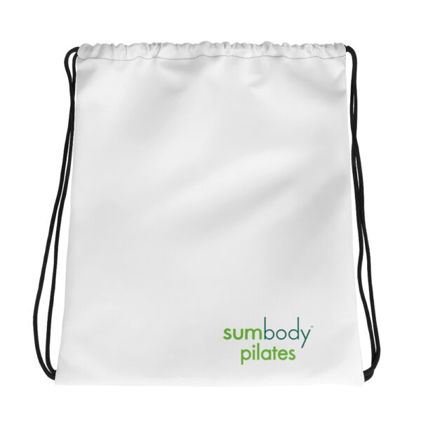 White drawstring backpack with Sumbody Pilates logo in bottom right corner.