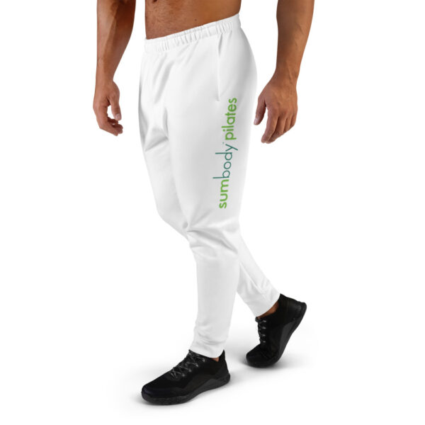 mens white joggers with logo down side of thigh